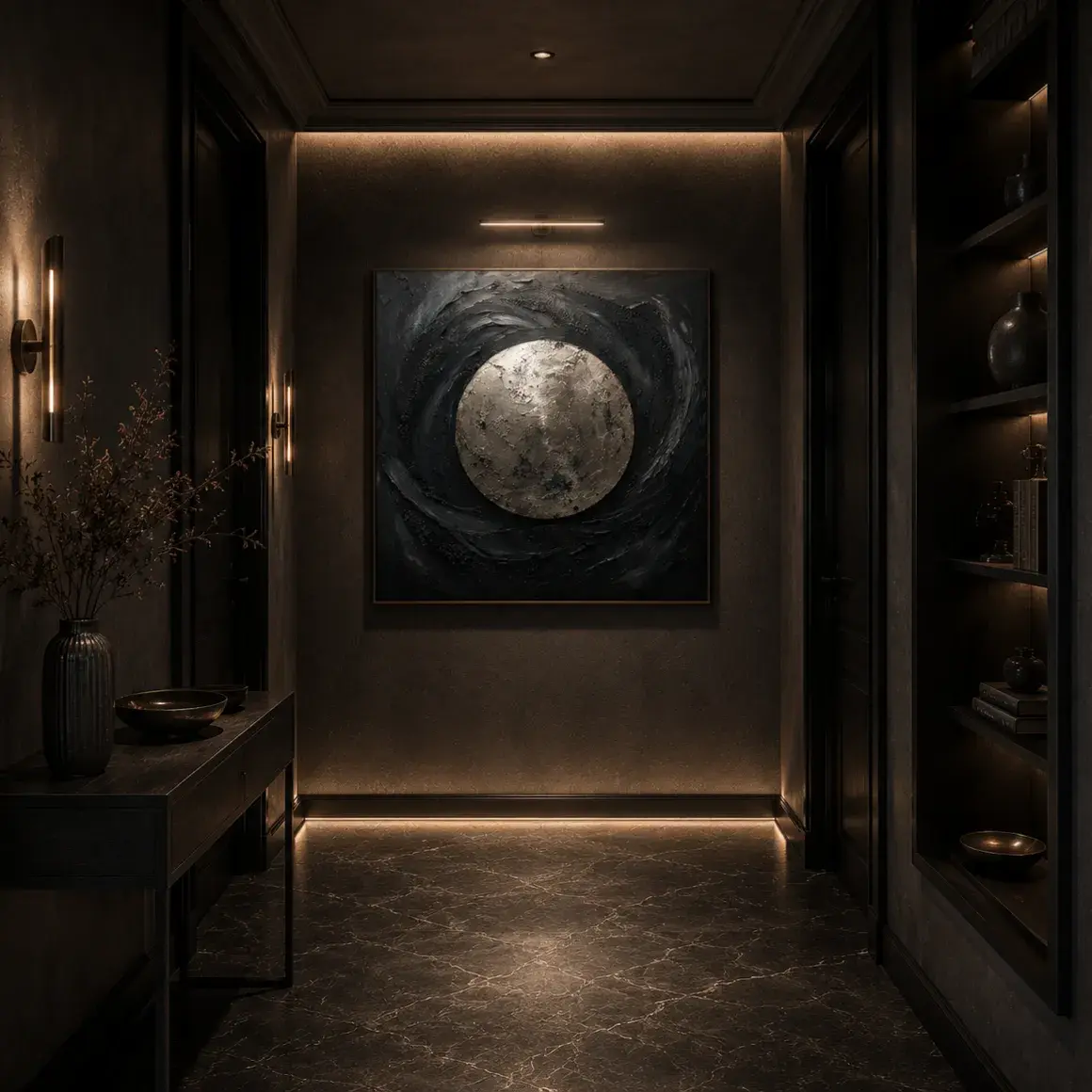 Square handmade oil painting displayed in a sophisticated interior