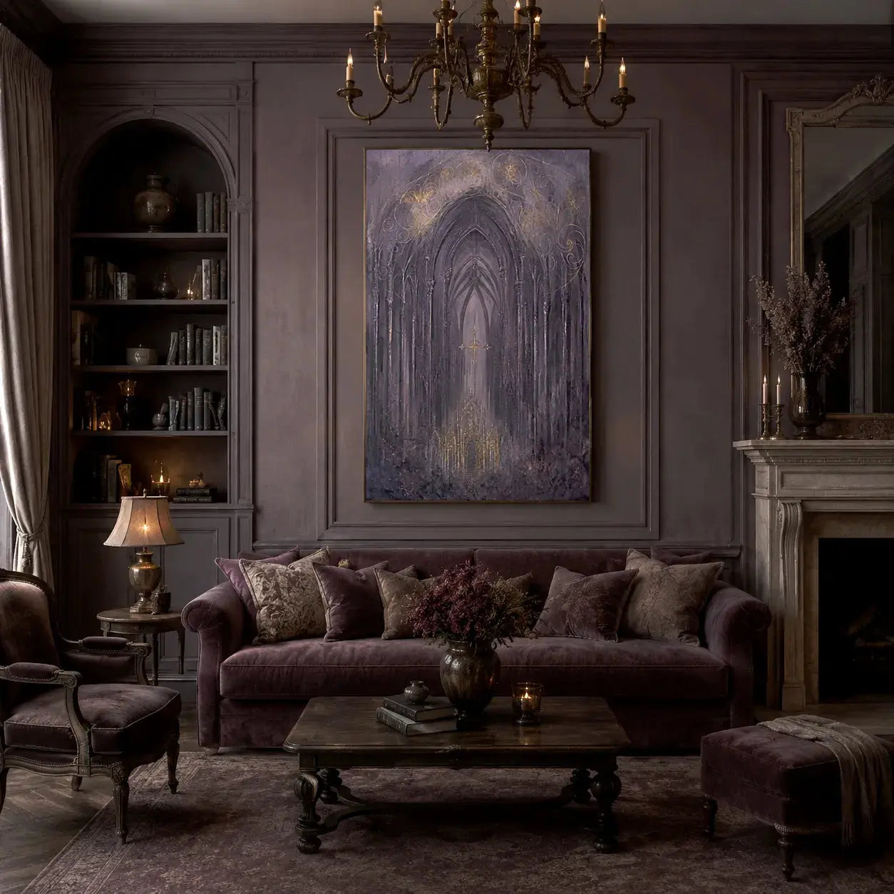 Vertical handmade oil painting displayed in a luxury interior